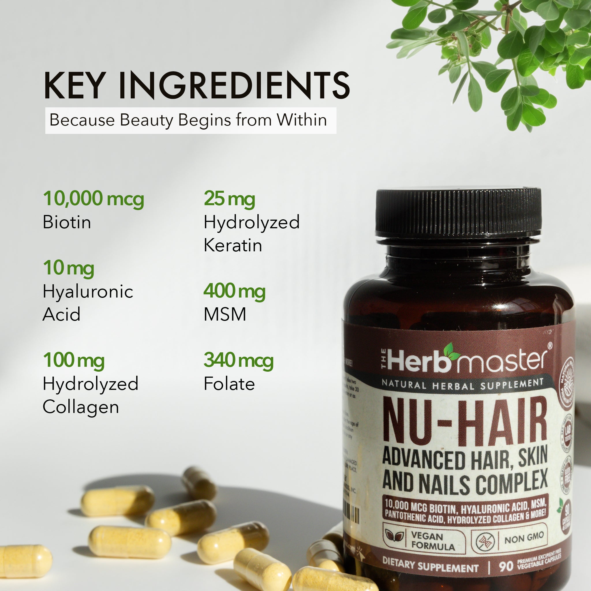 Herbmaster® Nu-Hair Advanced Hair, Skin, & Nails Complex - 10,000mcg Biotin – Hyaluronic Acid - Vitamin C, D & B-Complex – MSM, BioPerine, Hydrolyzed Collagen & Inositol Veggie Capsules – Non-GMO – Gluten-Free