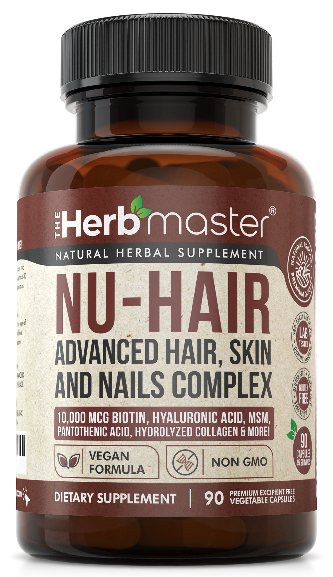 Herbmaster® Nu-Hair Advanced Hair, Skin, & Nails Complex - 10,000mcg Biotin – Hyaluronic Acid - Vitamin C, D & B-Complex – MSM, BioPerine, Hydrolyzed Collagen & Inositol Veggie Capsules – Non-GMO – Gluten-Free