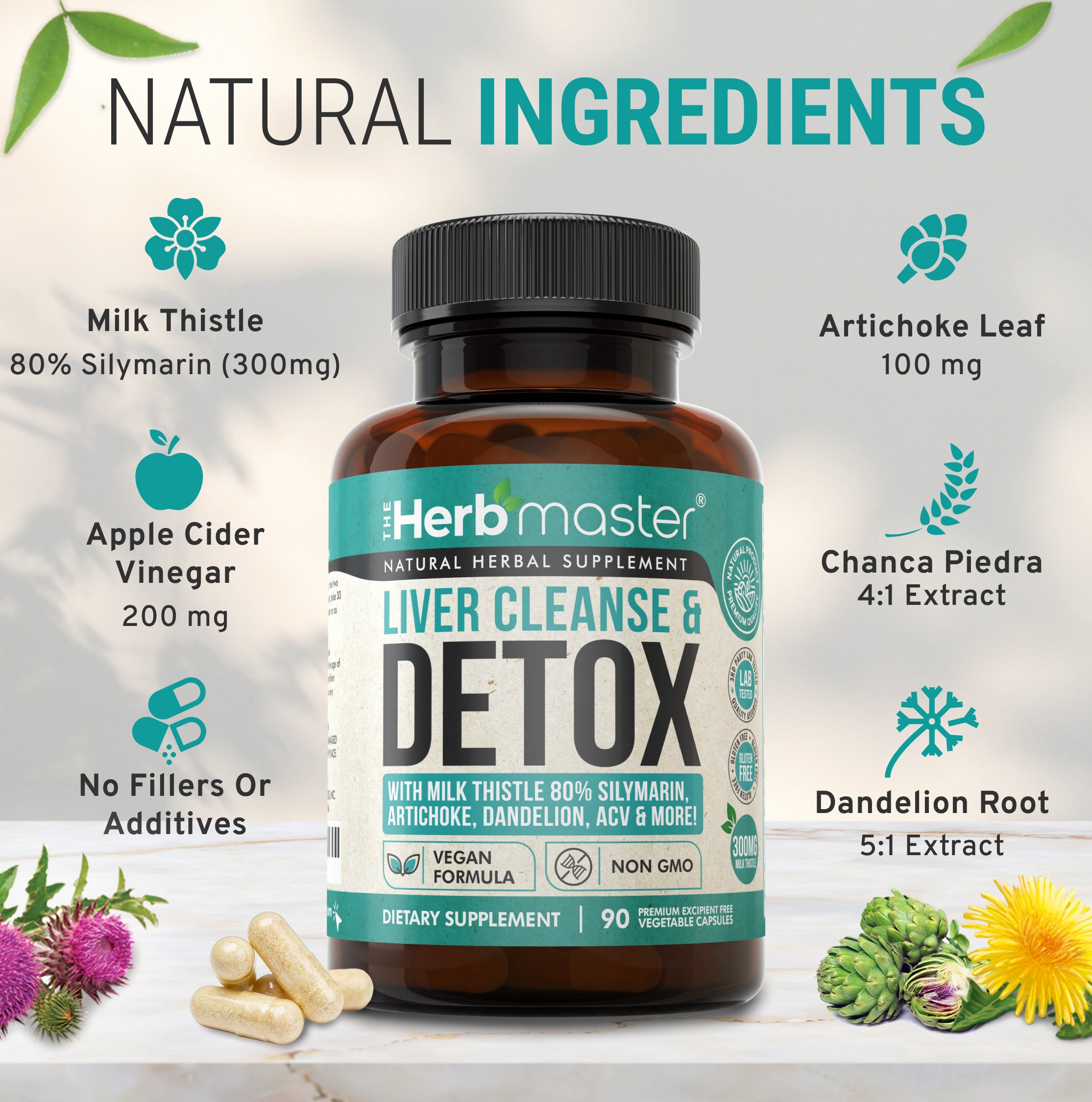 Herbmaster® Liver Cleanse & Detox 27-in-1 Milk Thistle 80% Silymarin, Artichoke Extract, Dandelion & Apple Cider Vinegar - Liver Support Supplement