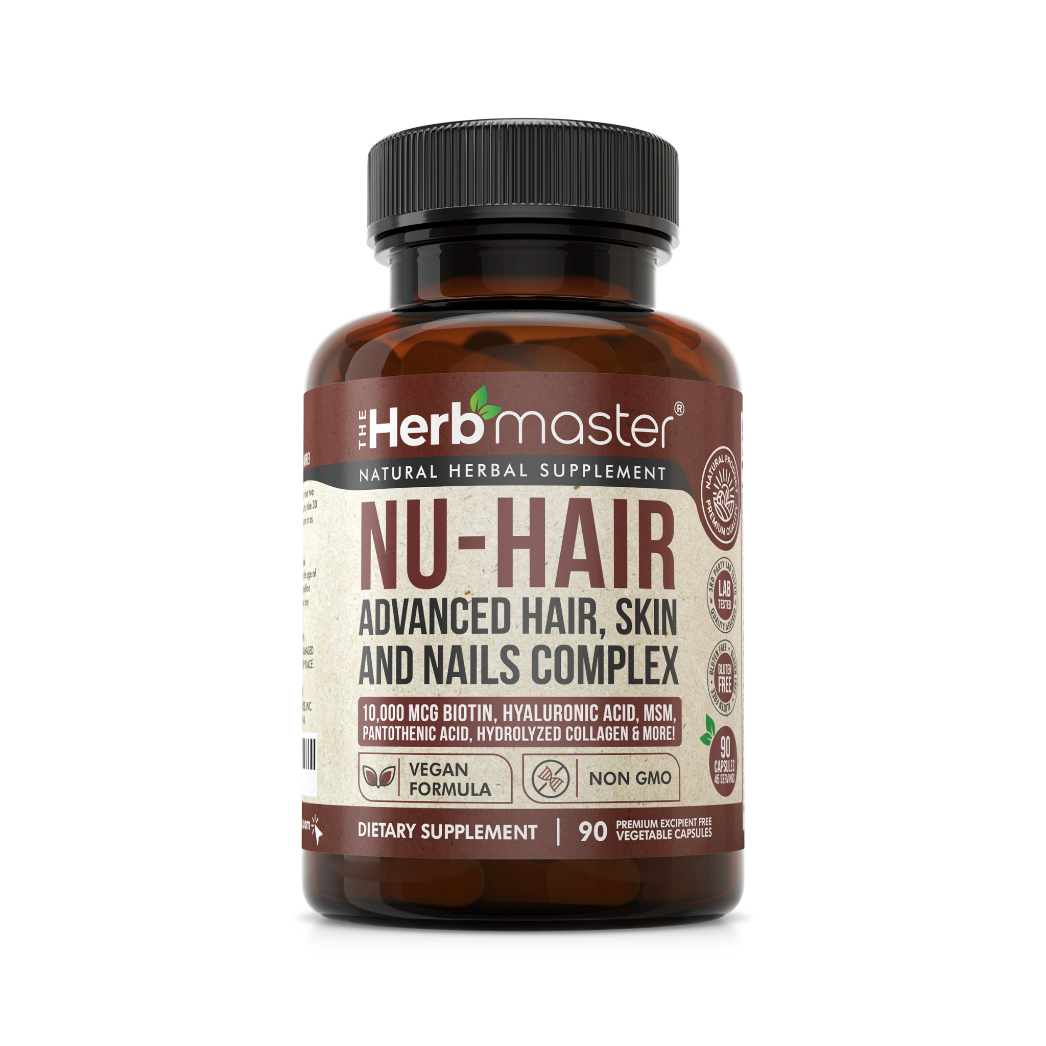 Herbmaster® Nu-Hair Supplement – Biotin 10,000 mcg, Collagen, Keratin, Hyaluronic Acid & Bamboo Silica for Hair, Skin & Nails (90 Veg Capsules)
